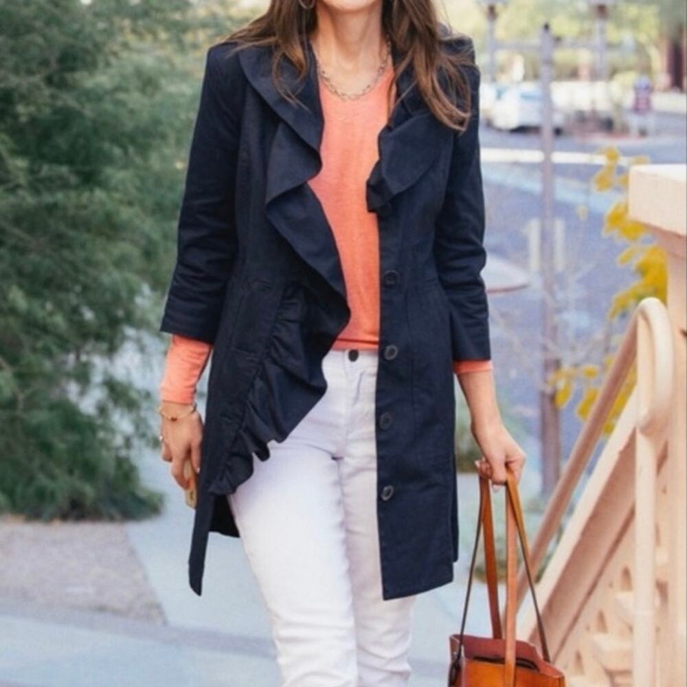 Cabi size XS Pose Jacket Ruffle Collar Button Front 3/4 Sleeves Navy Blue